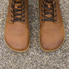 top down view of cherry barefoot boots in cognac showing the toe shape