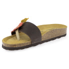 Front angled view of Clover brown sandal showing floral strap detail
