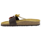Side angled view of Clover brown sandal with red and yellow flower decoration