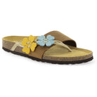 Front angled view of Clover tan sandal with blue and yellow floral detail