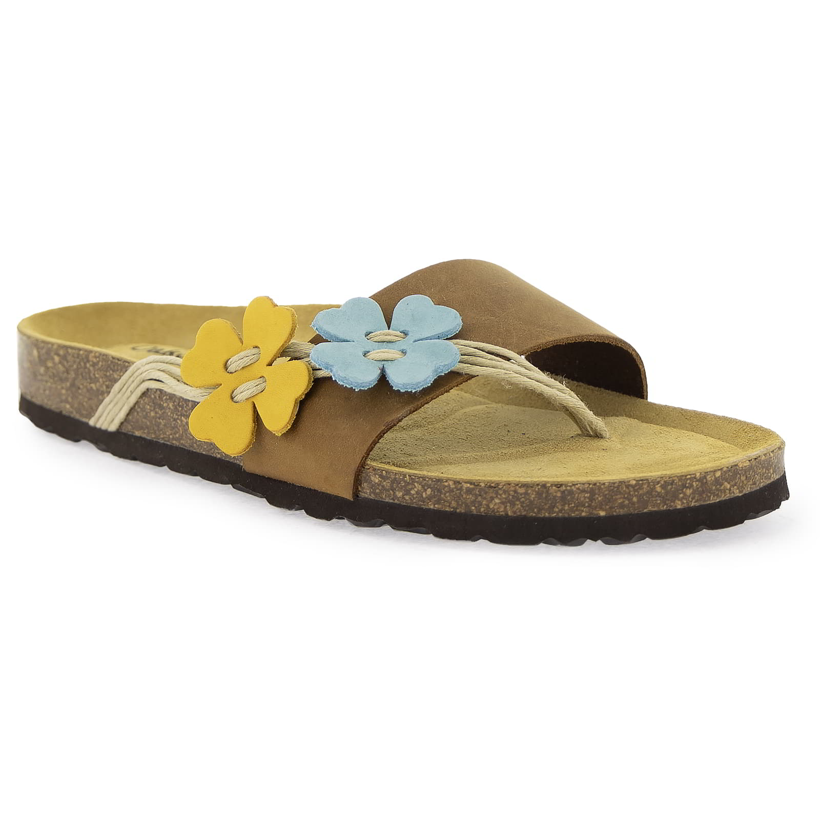 Front angled view of Clover tan sandal with blue and yellow floral detail