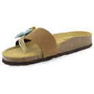 Three quarter angled view of Clover tan sandal showing blue and yellow floral strap detail