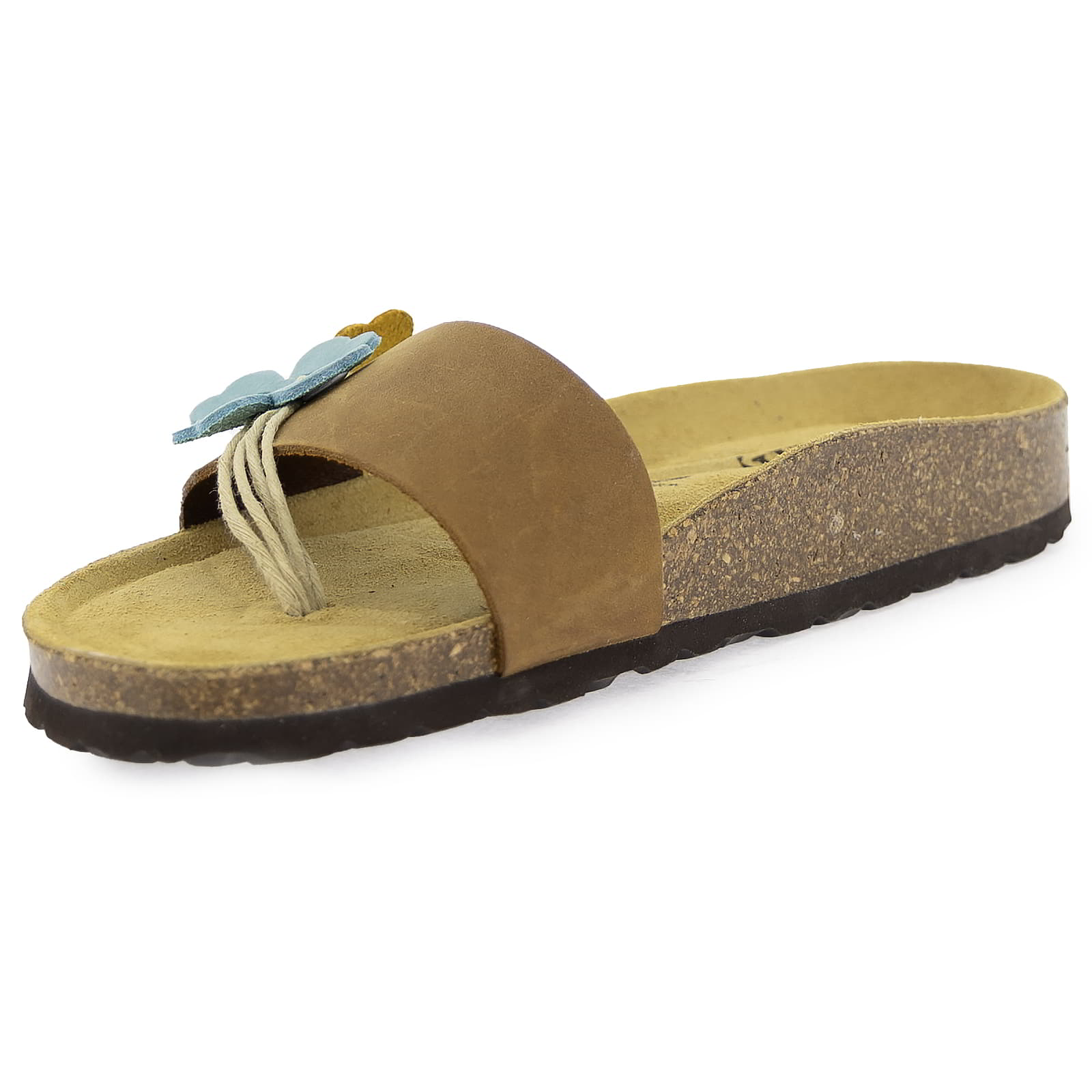 Three quarter angled view of Clover tan sandal showing blue and yellow floral strap detail