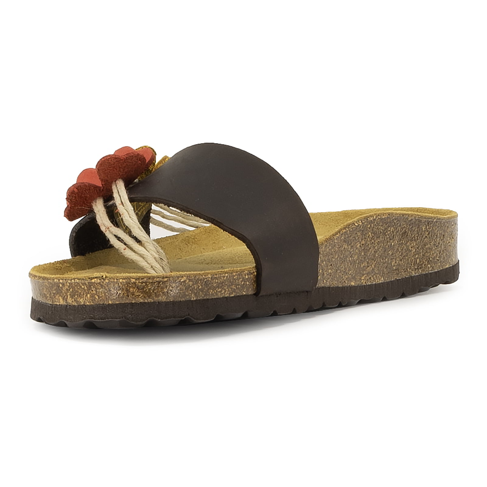 front angle view of tan oak & hyde clover sandals highlighting aqua and lemon floral detail on leather strap