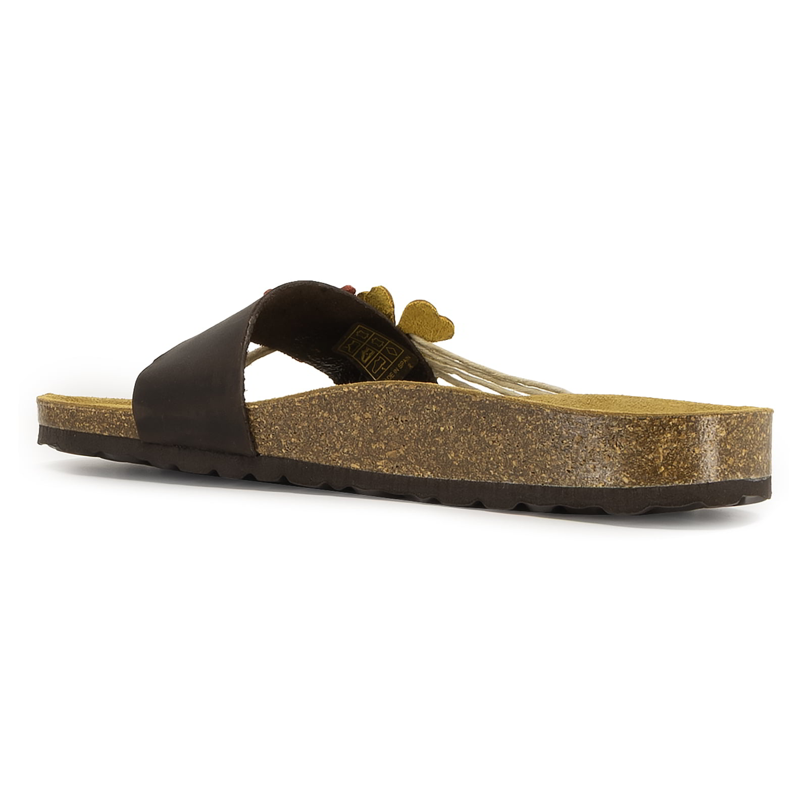 side view of tan oak & hyde clover sandals showing cork midsole and thong style upper