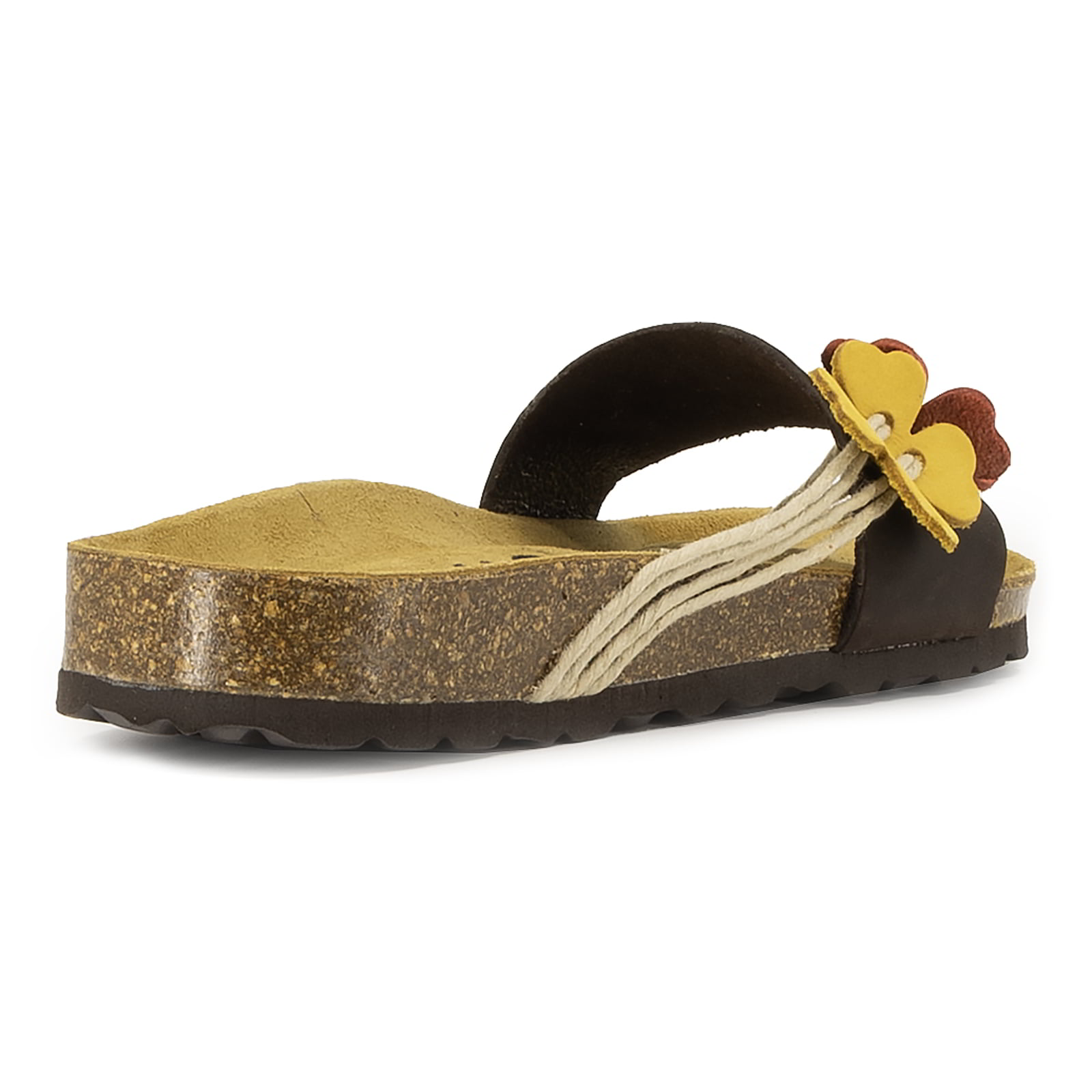 rear angle view of tan oak & hyde clover sandals showing heel edge and cork sole