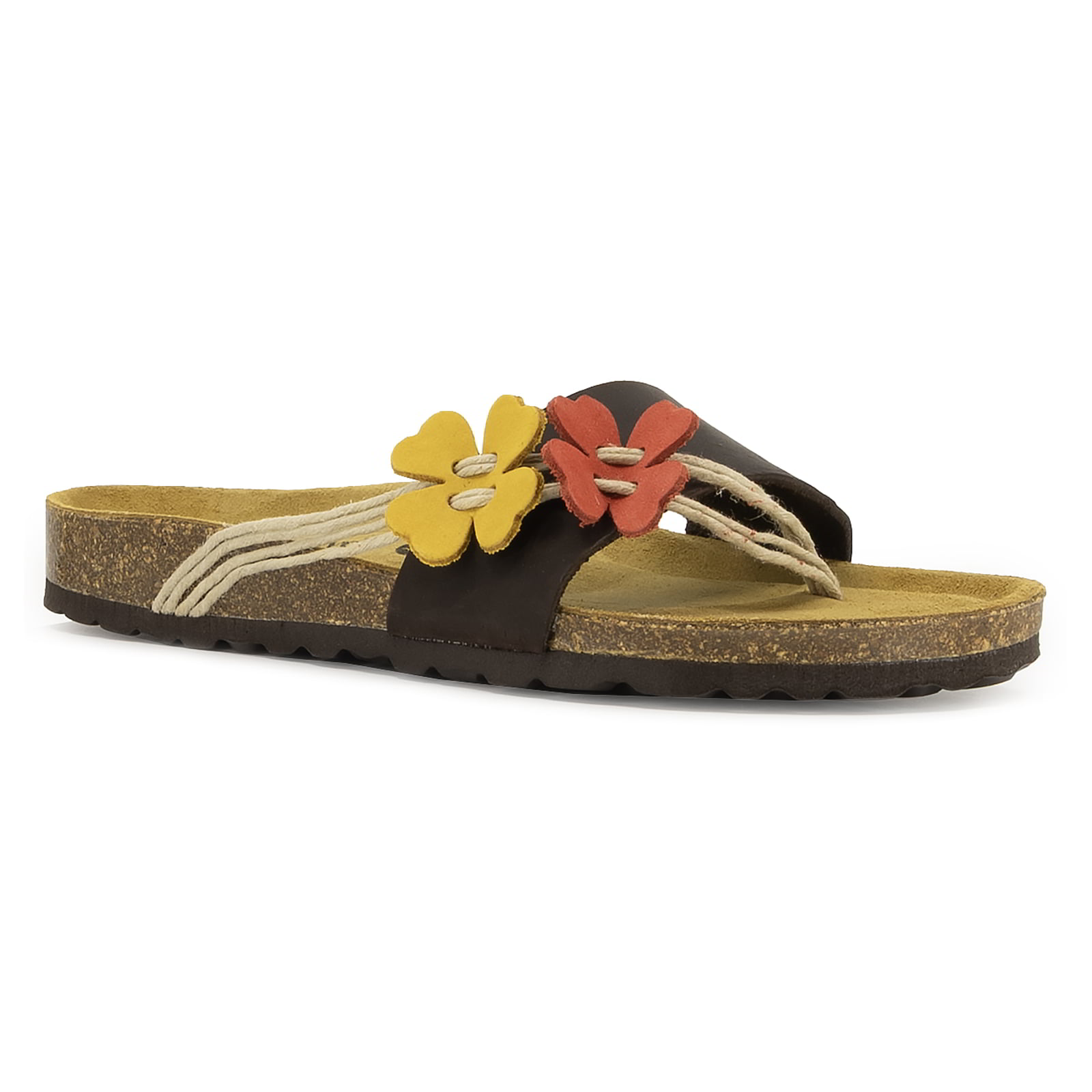 angled front view of tan oak & hyde clover sandals showing toe post strap and decorative flower accents