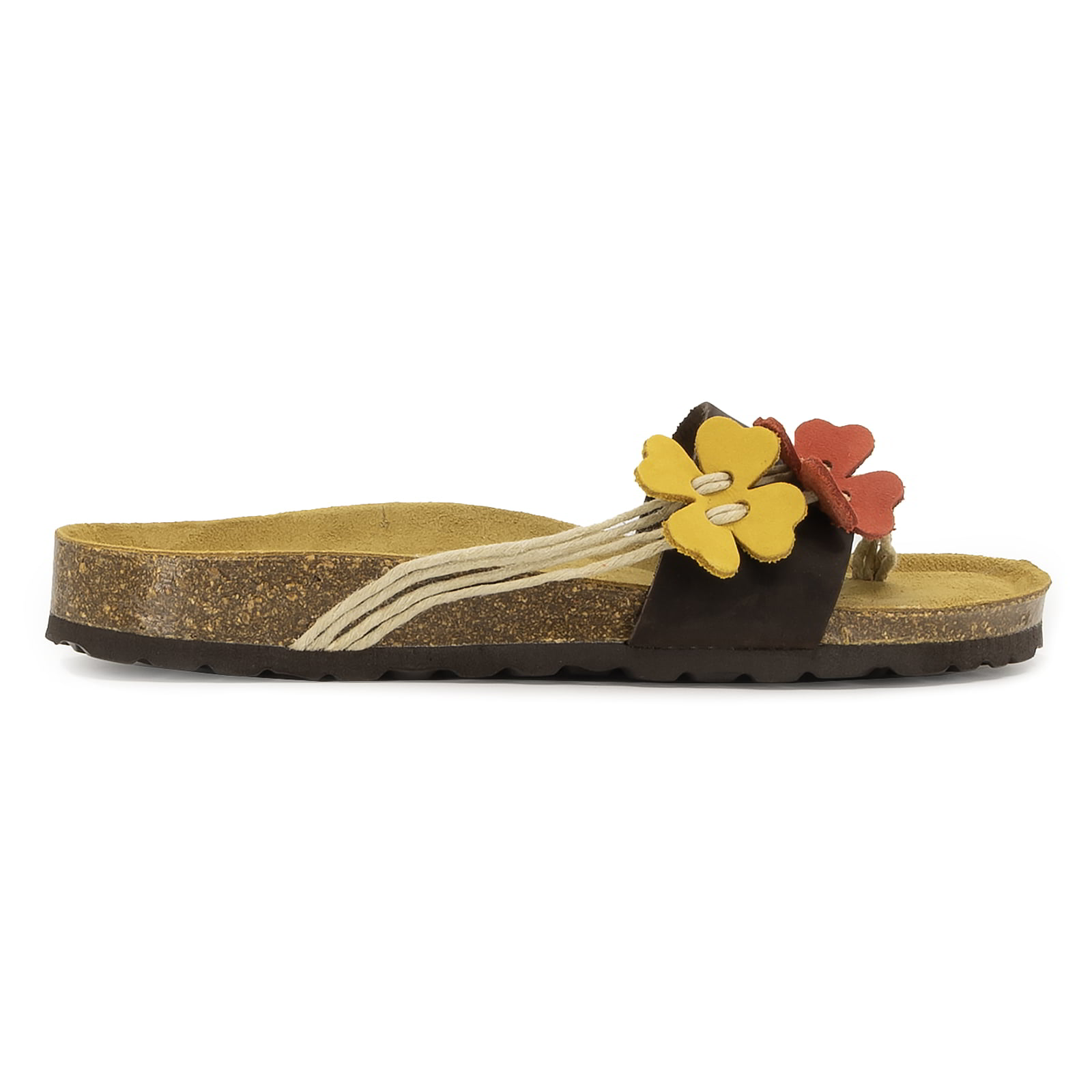 side profile of tan oak & hyde clover sandals with aqua and lemon flower detail and cork footbed