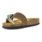 front angle view of tan oak & hyde clover sandals highlighting aqua and lemon floral detail on leather strap