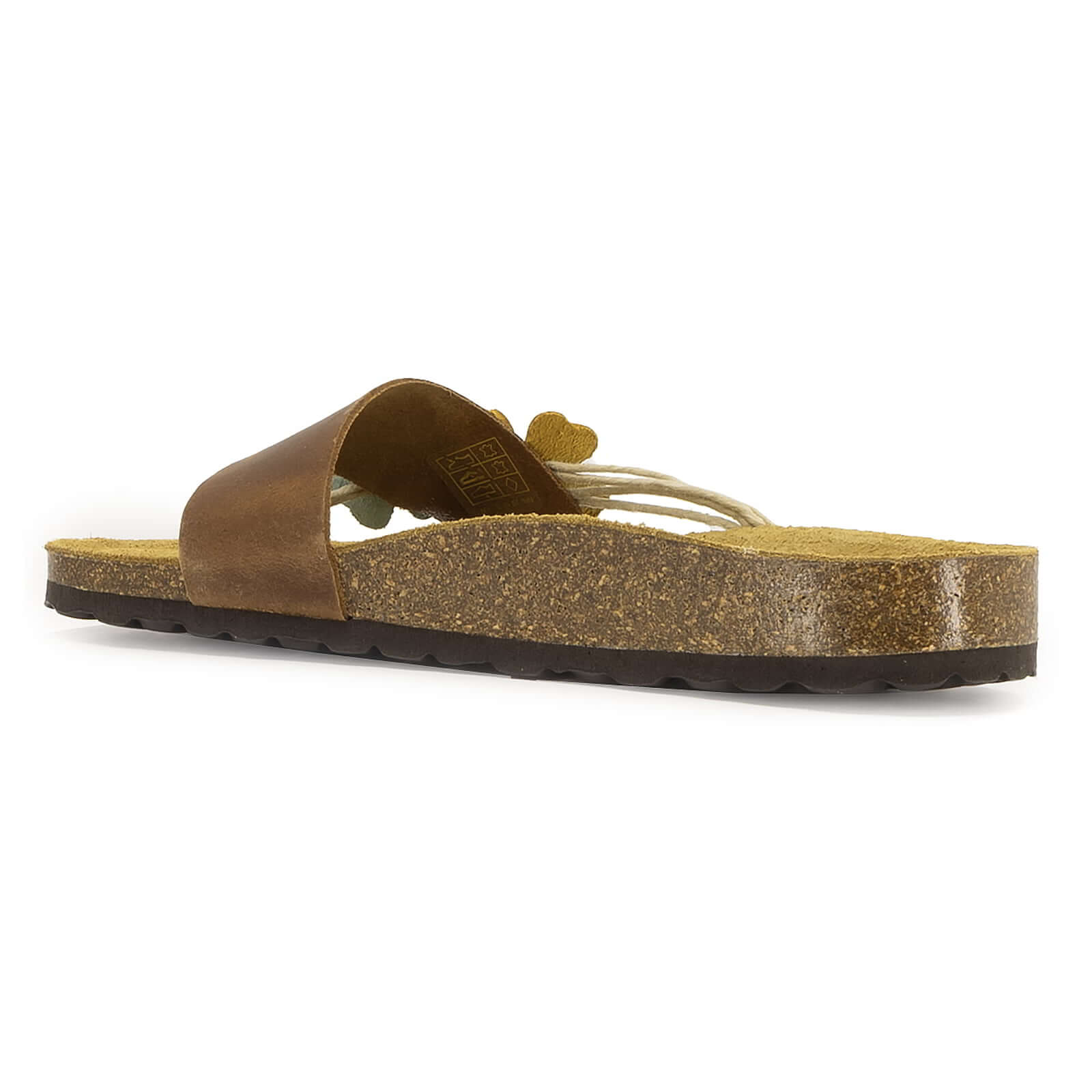 side view of tan oak & hyde clover sandals showing cork midsole and thong style upper