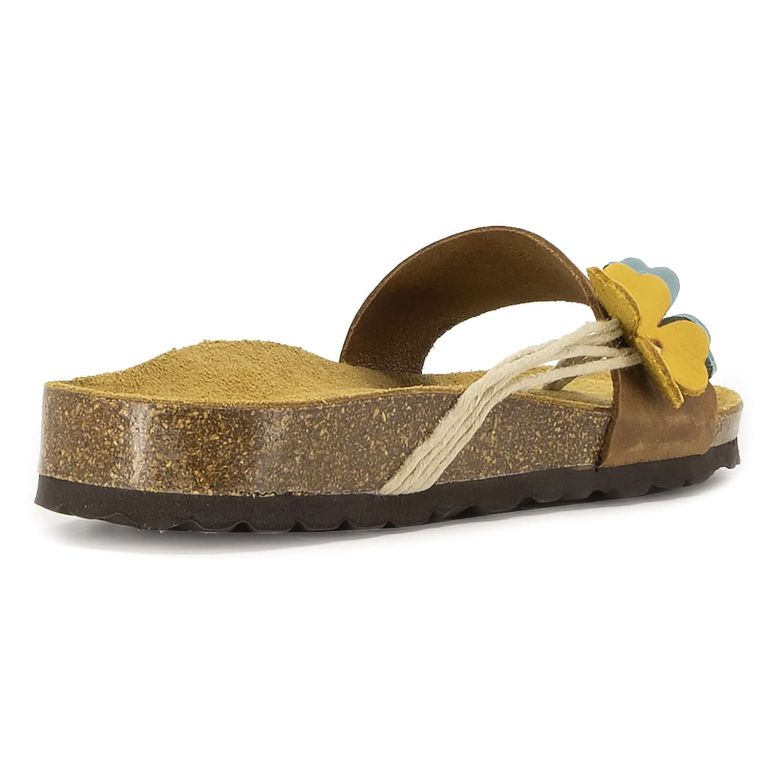 rear angle view of tan oak & hyde clover sandals showing heel edge and cork sole