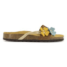 side profile of tan oak & hyde clover sandals with aqua and lemon flower detail and cork footbed
