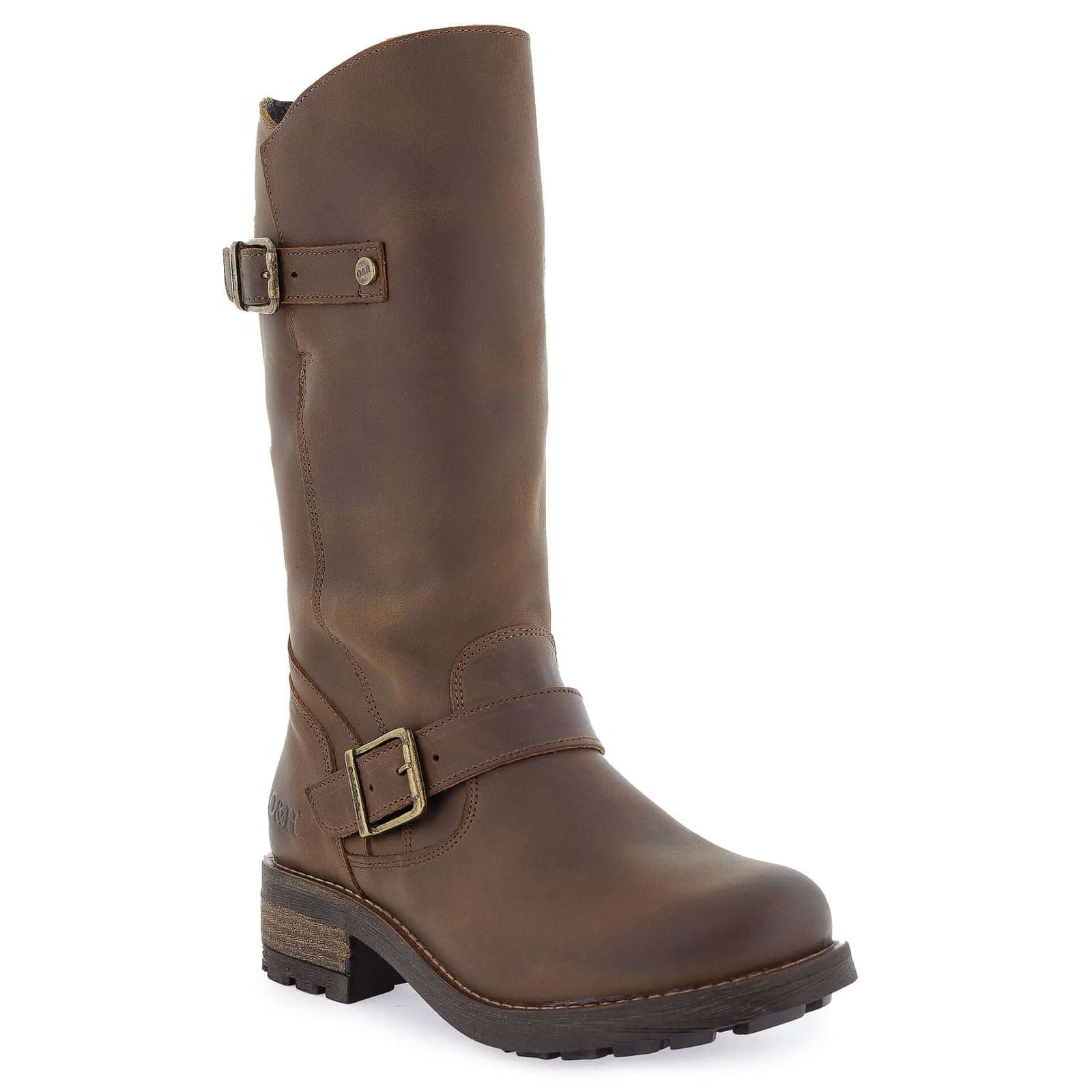 Front angled view of dark brown Crest 2 tall boots with buckle detail