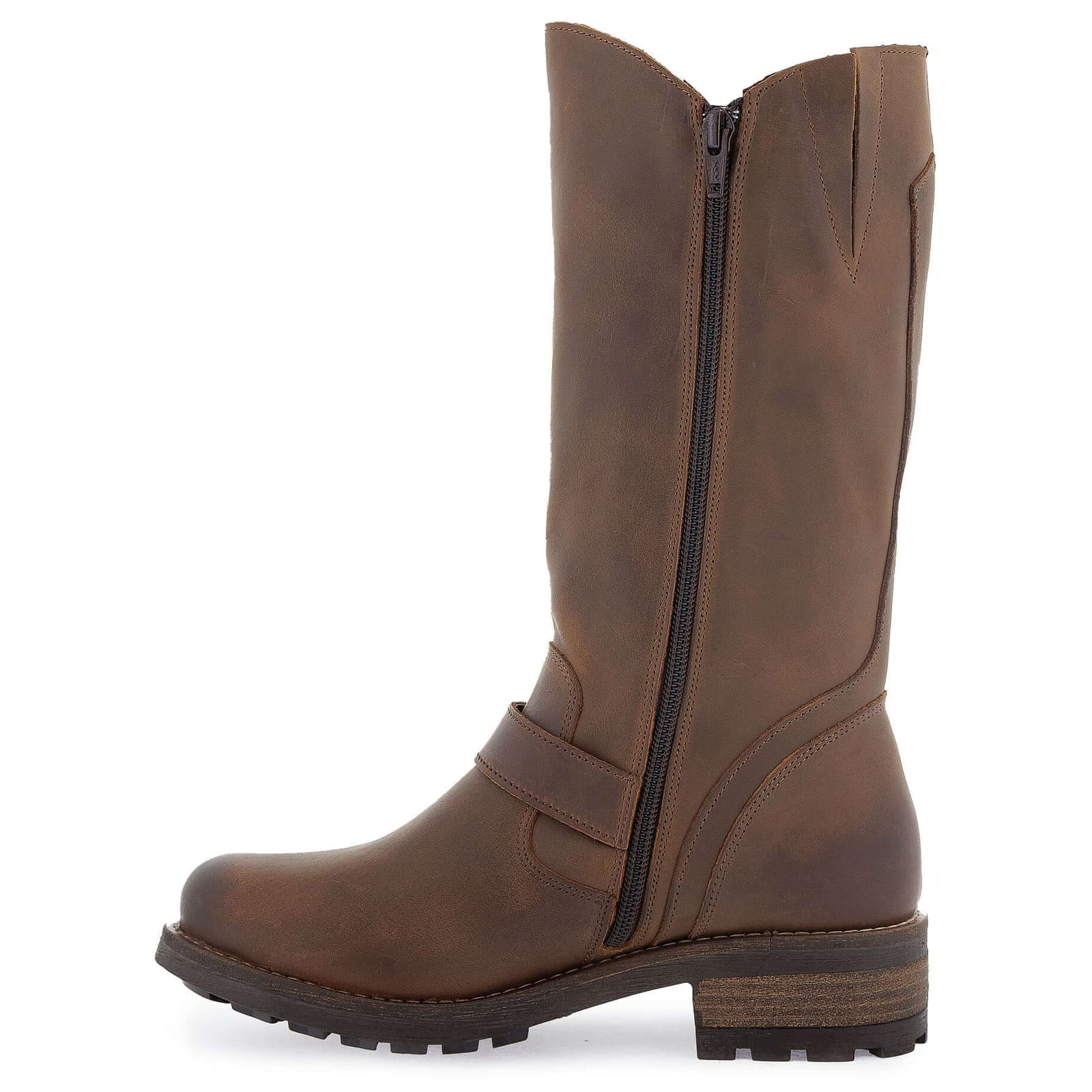 Outer side view of dark brown Crest 2 tall boots highlighting ankle buckle