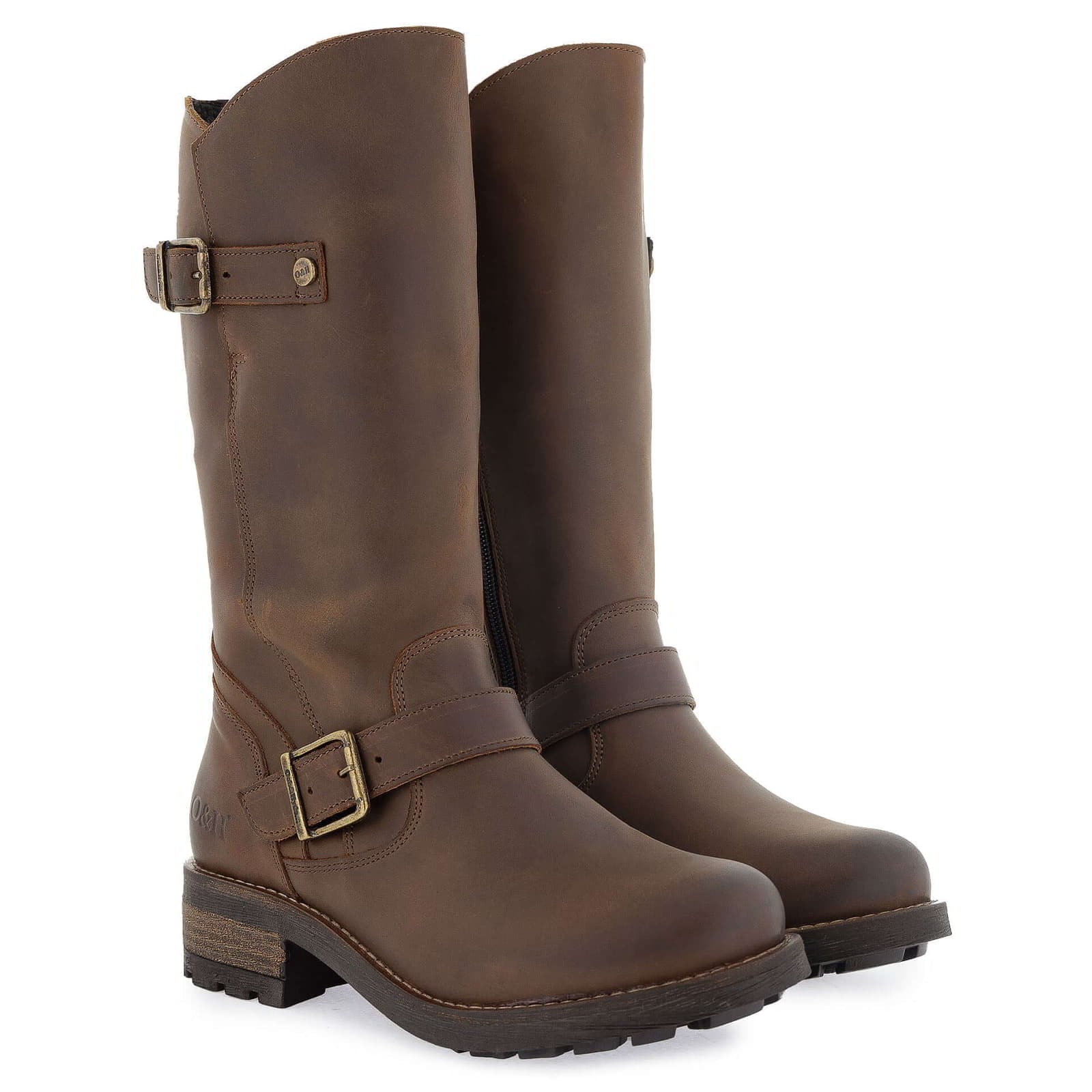 Pair of dark brown Crest 2 tall boots shown from a front angled perspective