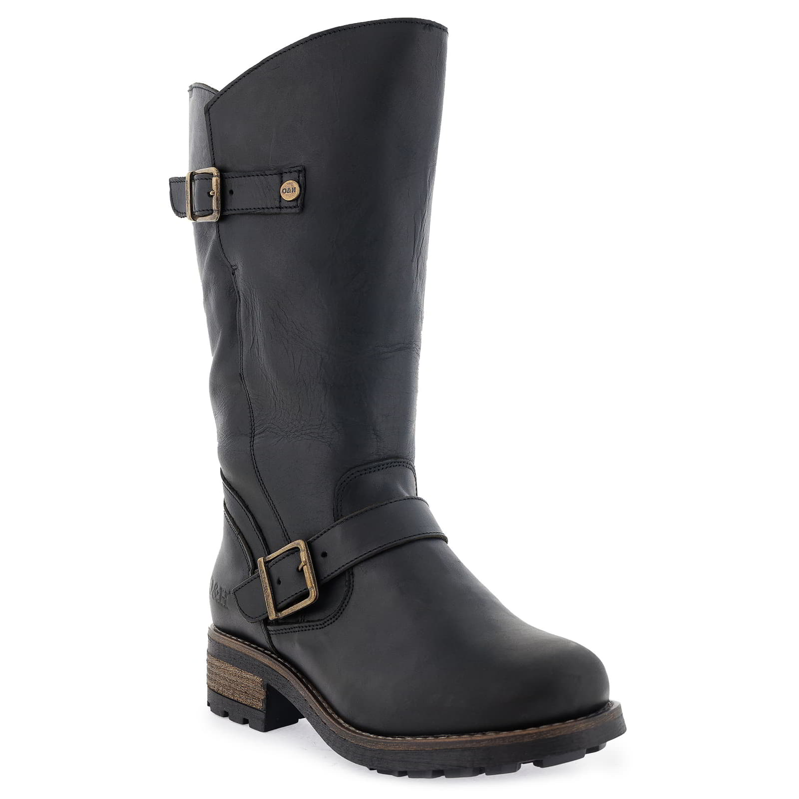 Front angled view of black Crest 2 wide calf tall boots with buckle detail