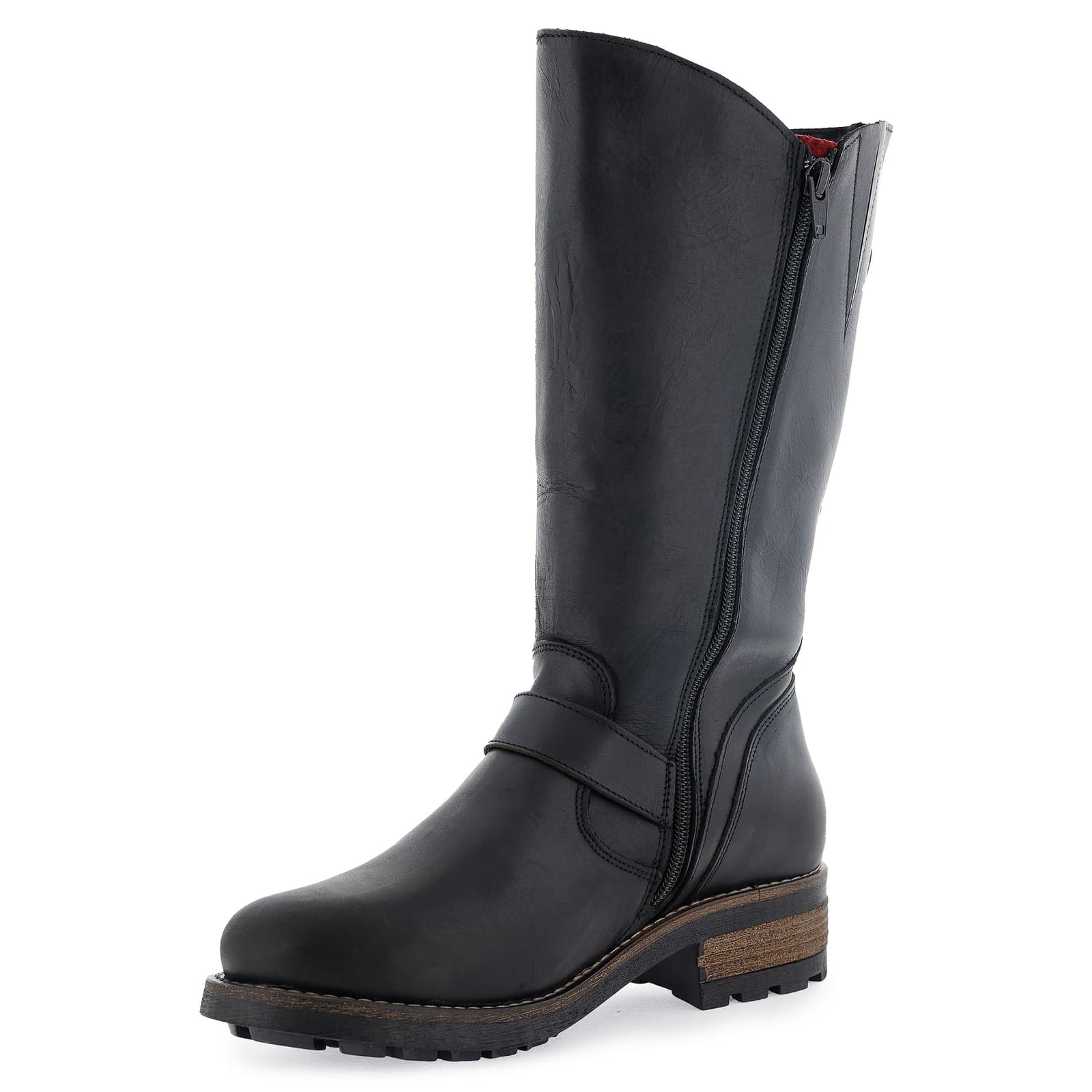 Inner side view of black Crest 2 wide calf tall boots showing zip fastening