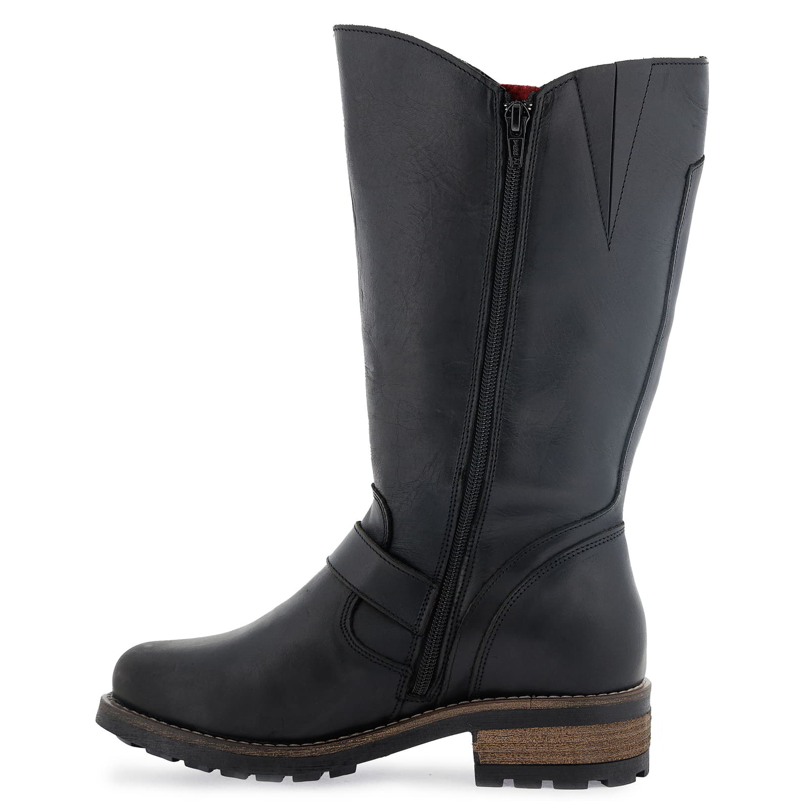 Outer side view of black Crest 2 wide calf tall boots showing tall shaft