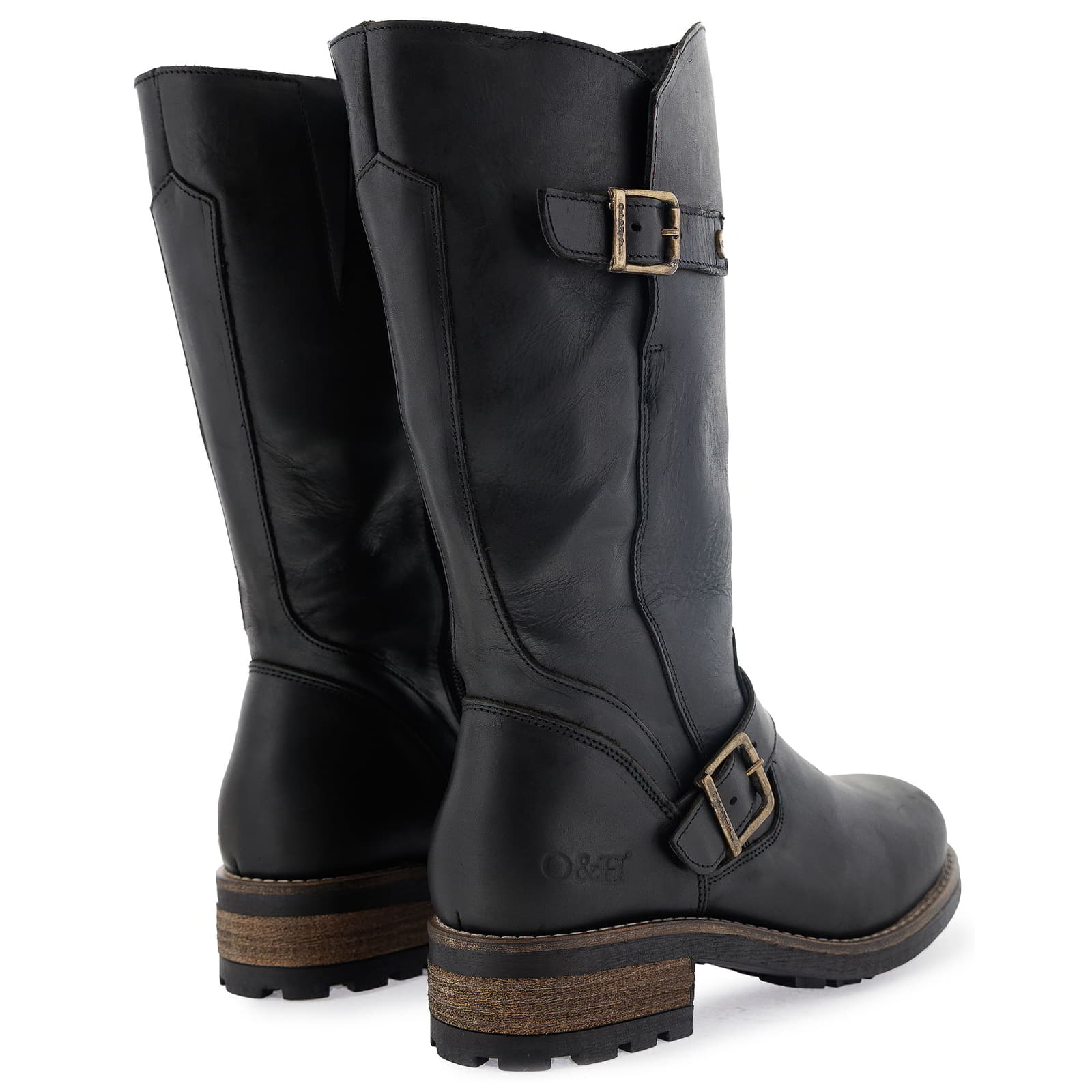 Pair of black Crest 2 wide calf tall boots shown from a side angle