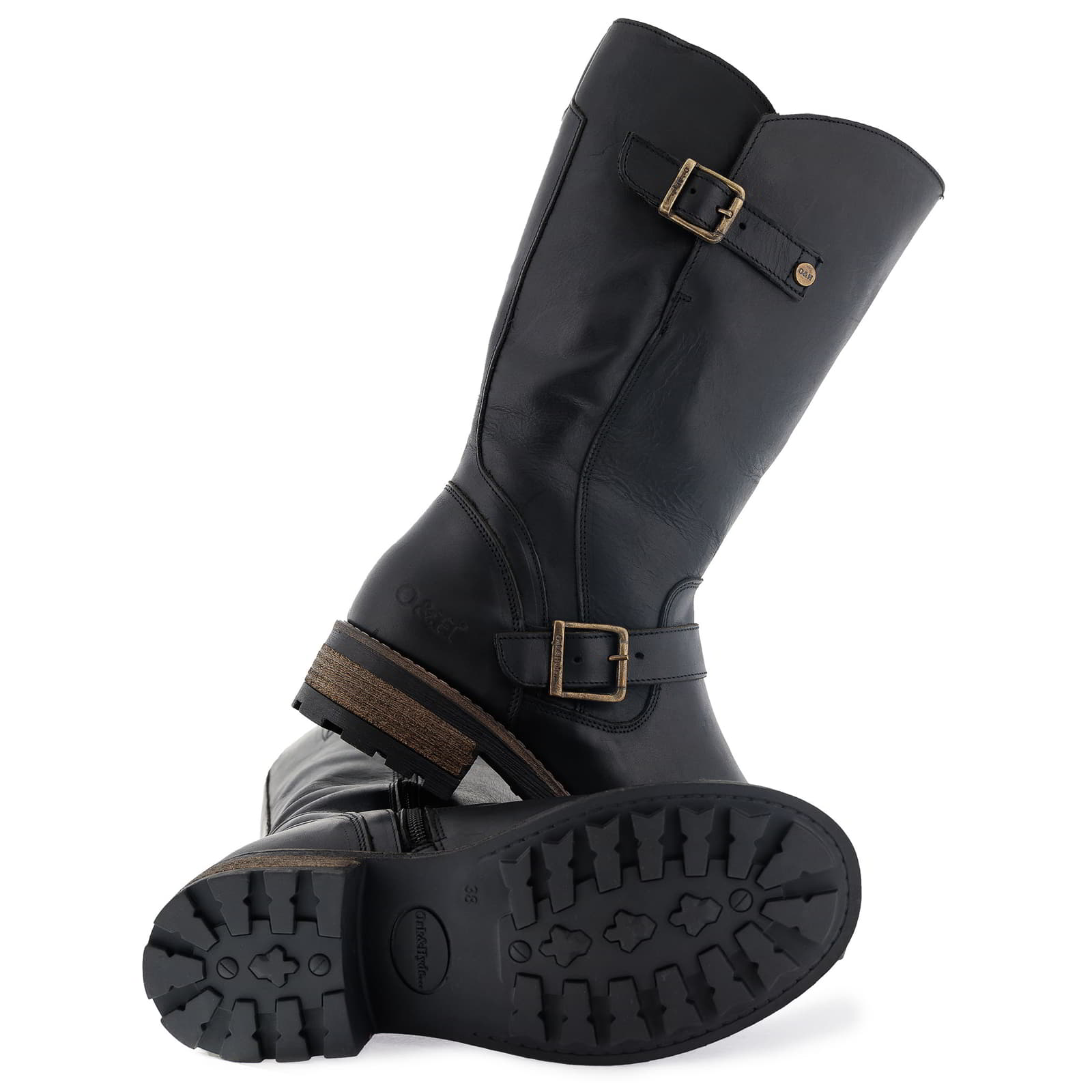 Outsole of black Crest 2 wide calf tall boots showing tread pattern