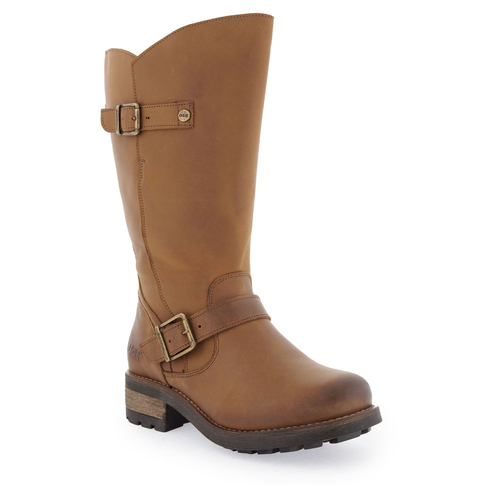 Front angled view of cognac Crest 2 wide calf boots showing ankle buckle