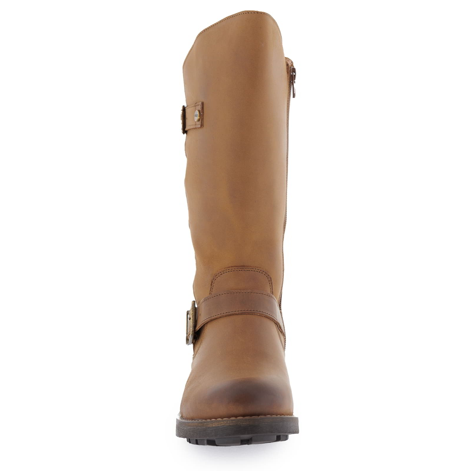 Front view of cognac Crest 2 wide calf boots showing rounded toe shape