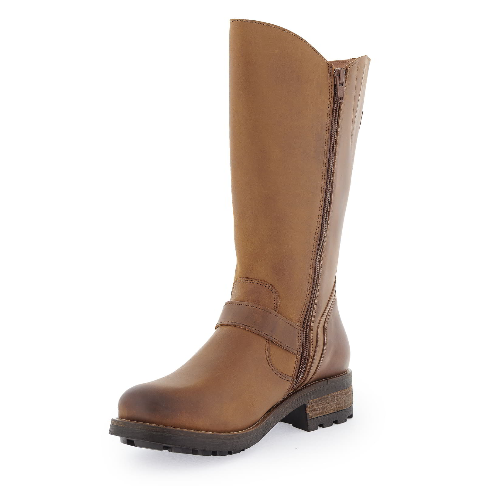 Inner side view of cognac Crest 2 wide calf boots showing zip fastening