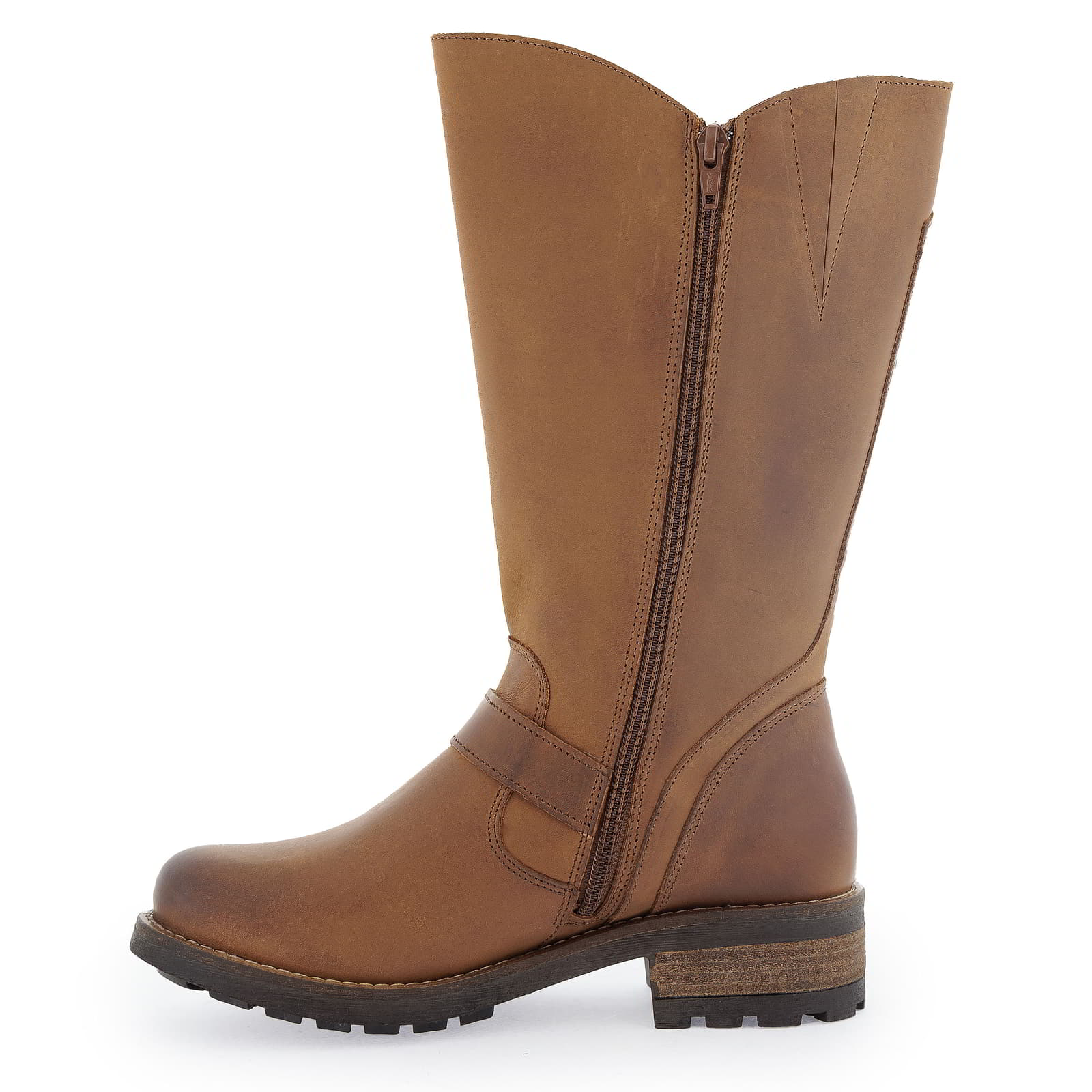 Outer side view of cognac Crest 2 wide calf boots highlighting tall shaft