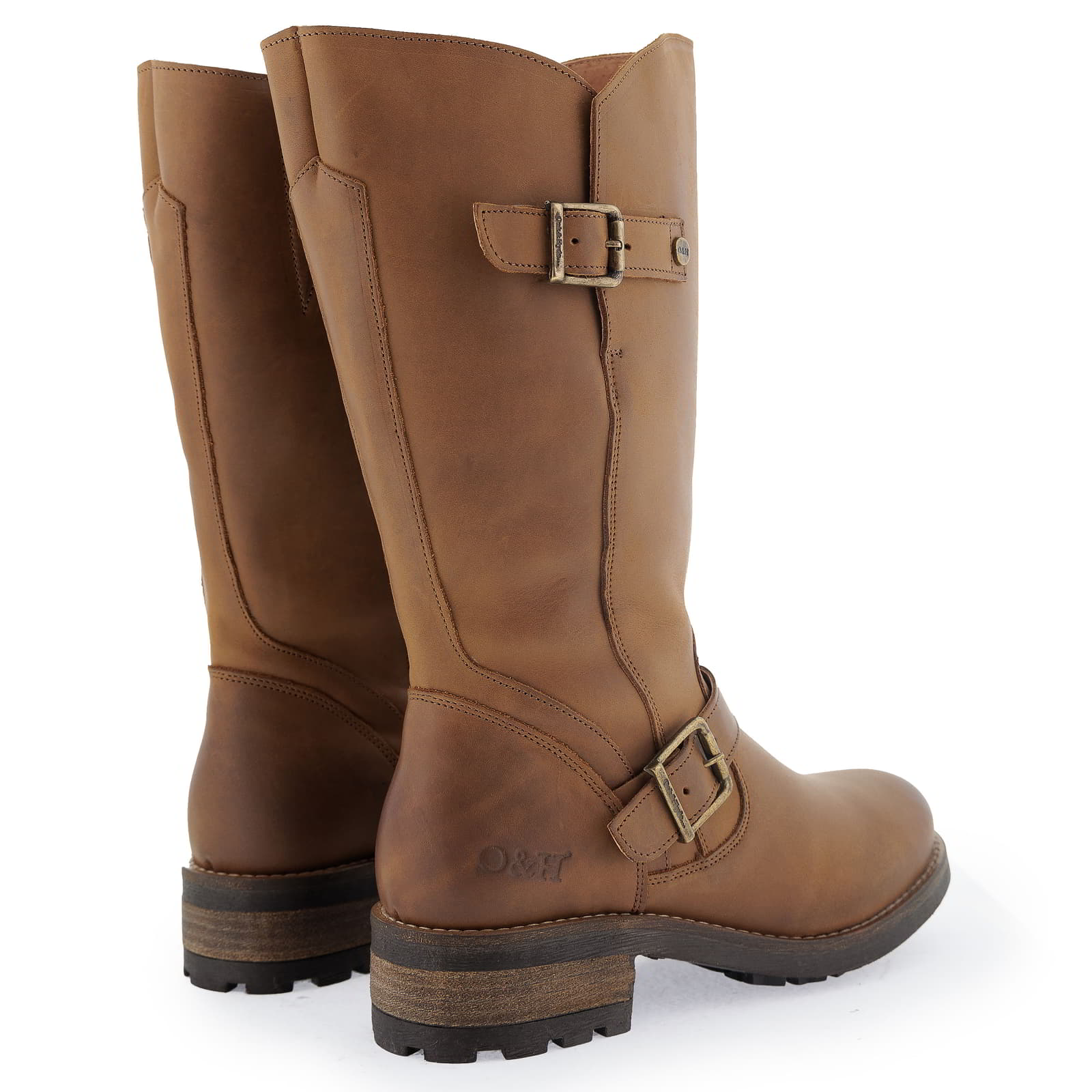 Rear angled view of cognac Crest 2 wide calf boots with stacked heel