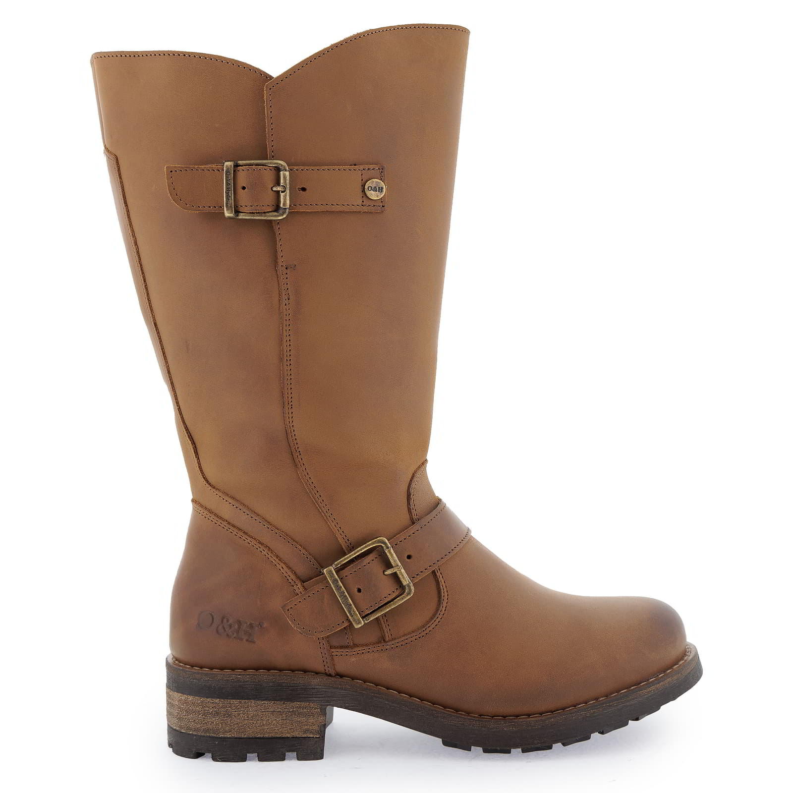 Side profile of cognac Crest 2 wide calf tall boots with buckle detail