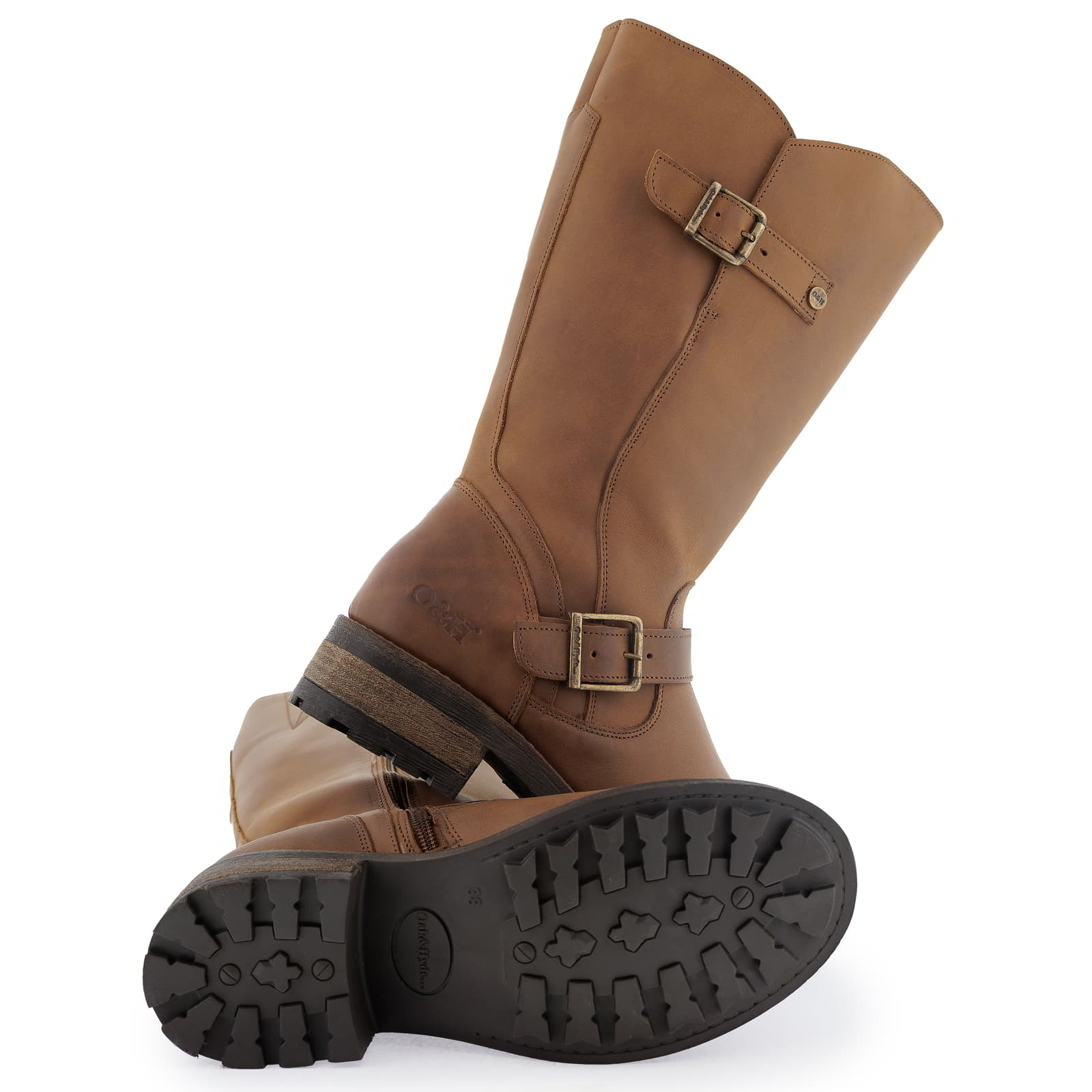 Outsole of cognac Crest 2 wide calf boots showing tread pattern