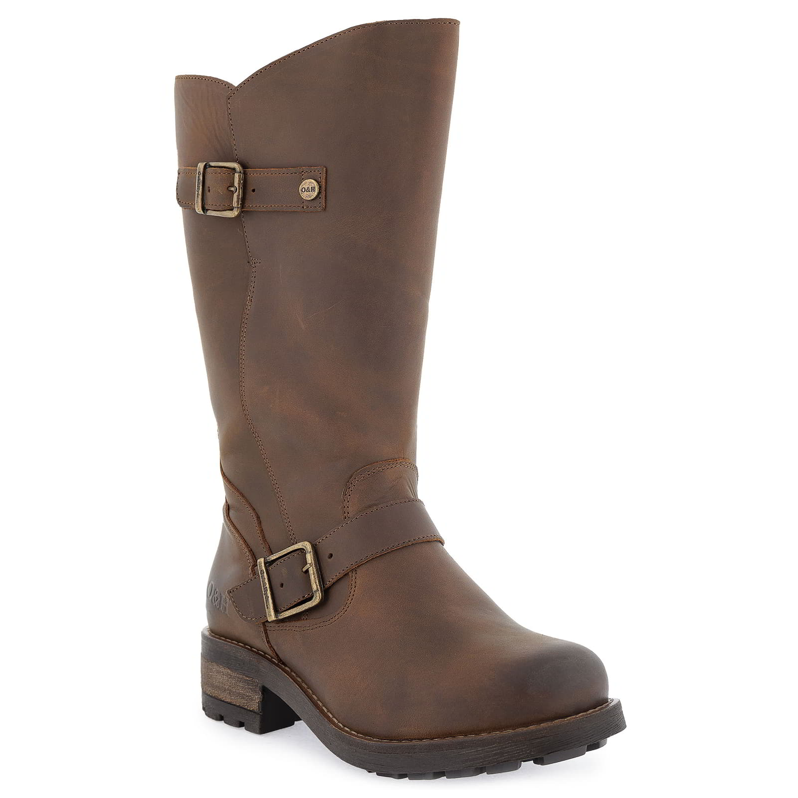 Front angled view of dark brown Crest 2 wide calf boots showing ankle buckle