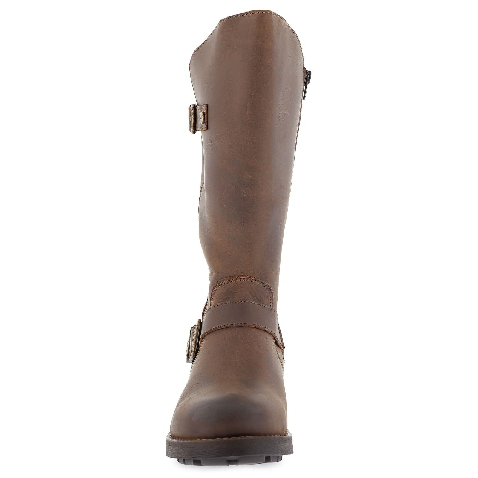 Front view of dark brown Crest 2 wide calf boots showing rounded toe shape