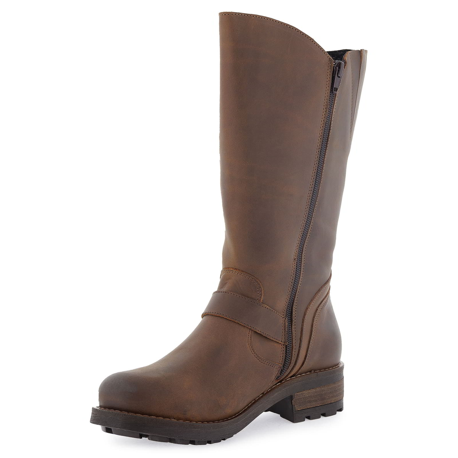 Inner side view of dark brown Crest 2 wide calf boots showing zip fastening
