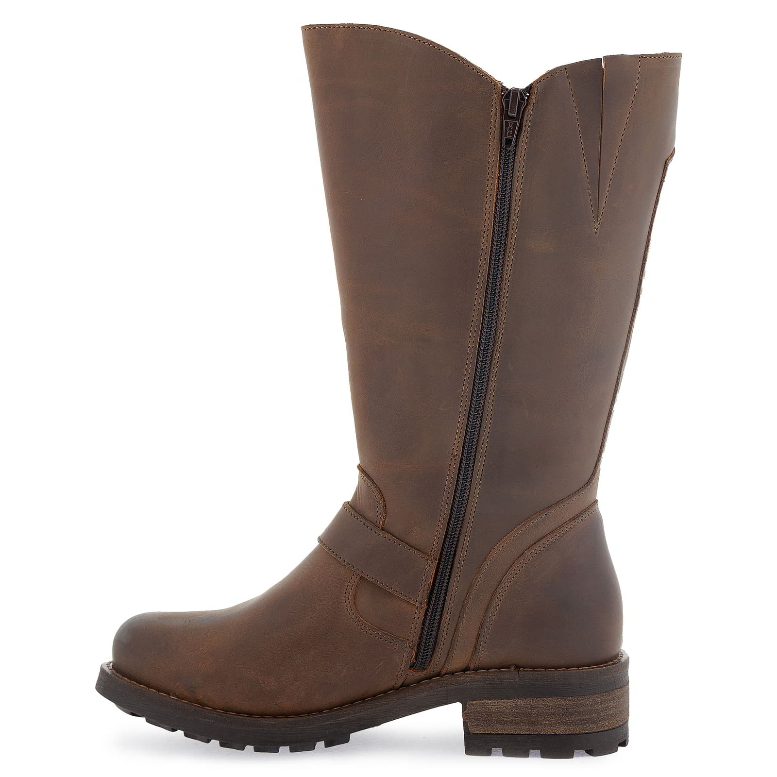 Outer side view of dark brown Crest 2 wide calf boots highlighting tall shaft