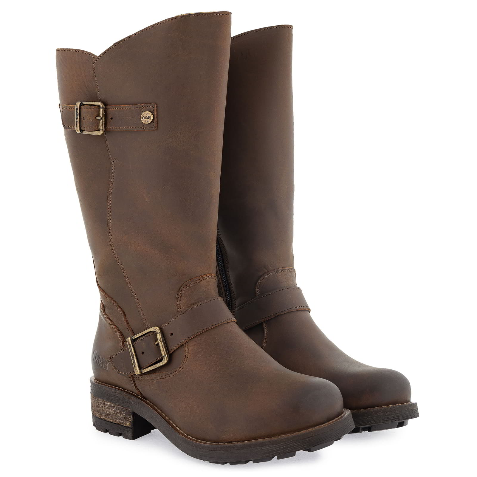 Pair of dark brown Crest 2 wide calf boots shown from a front angled perspective