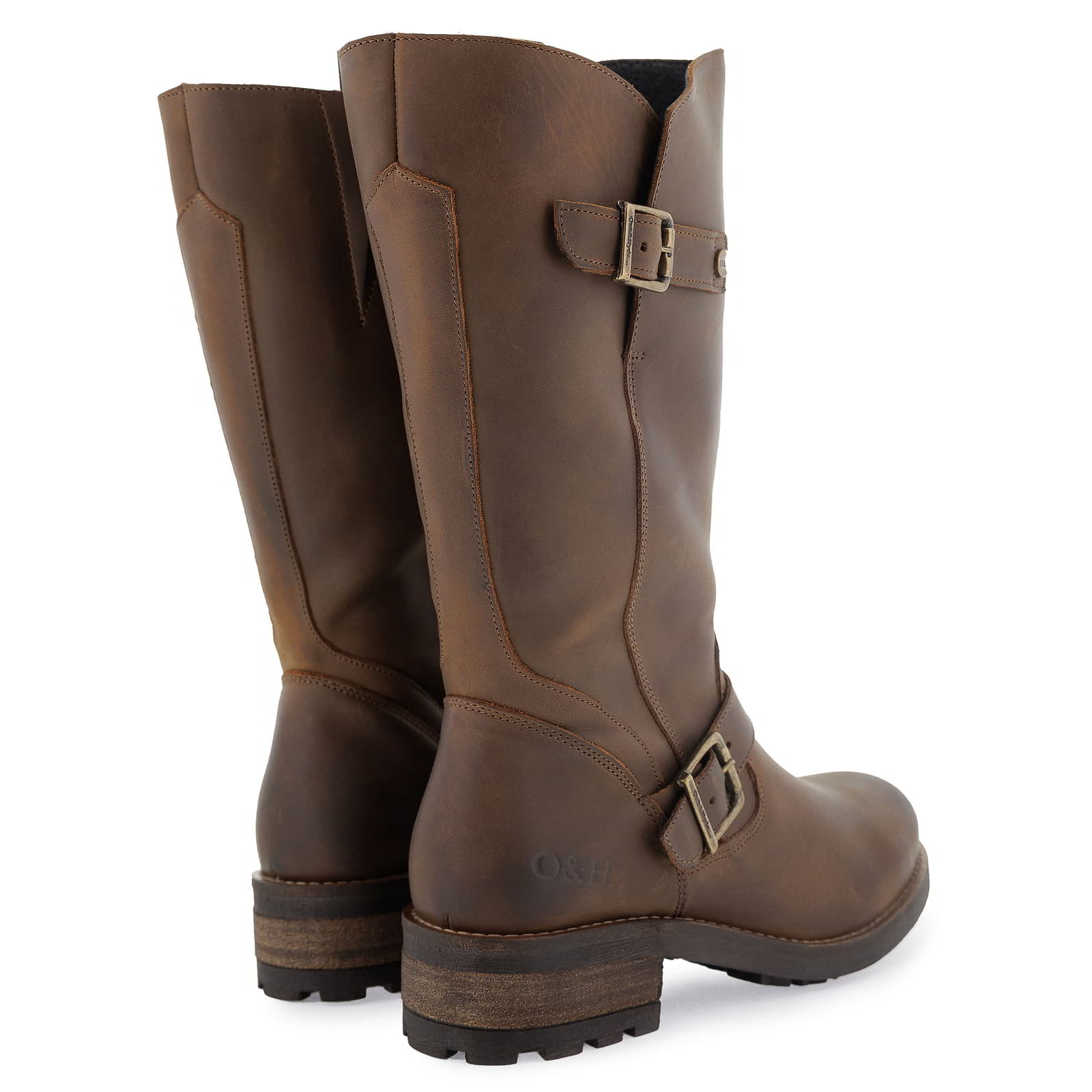 Rear angled view of dark brown Crest 2 wide calf boots with stacked heel