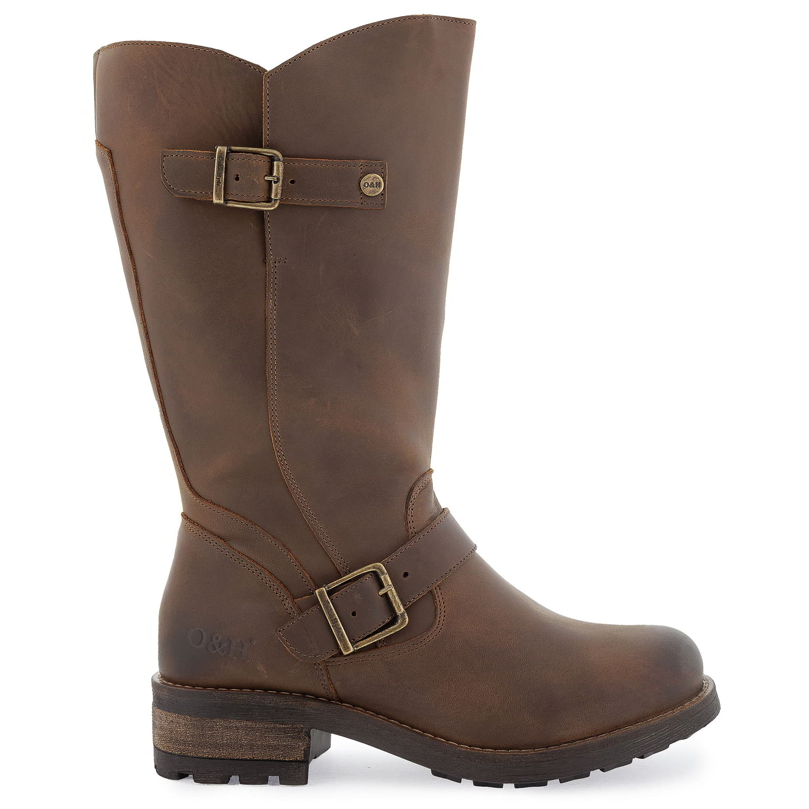 Side profile of dark brown Crest 2 wide calf tall boots with buckle detail