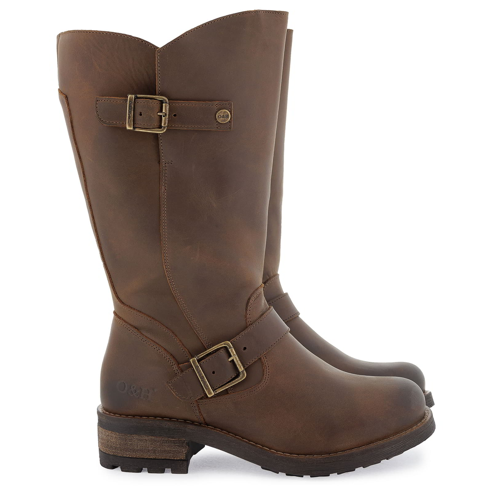 Side view of dark brown Crest 2 wide calf boots showing buckles and sole