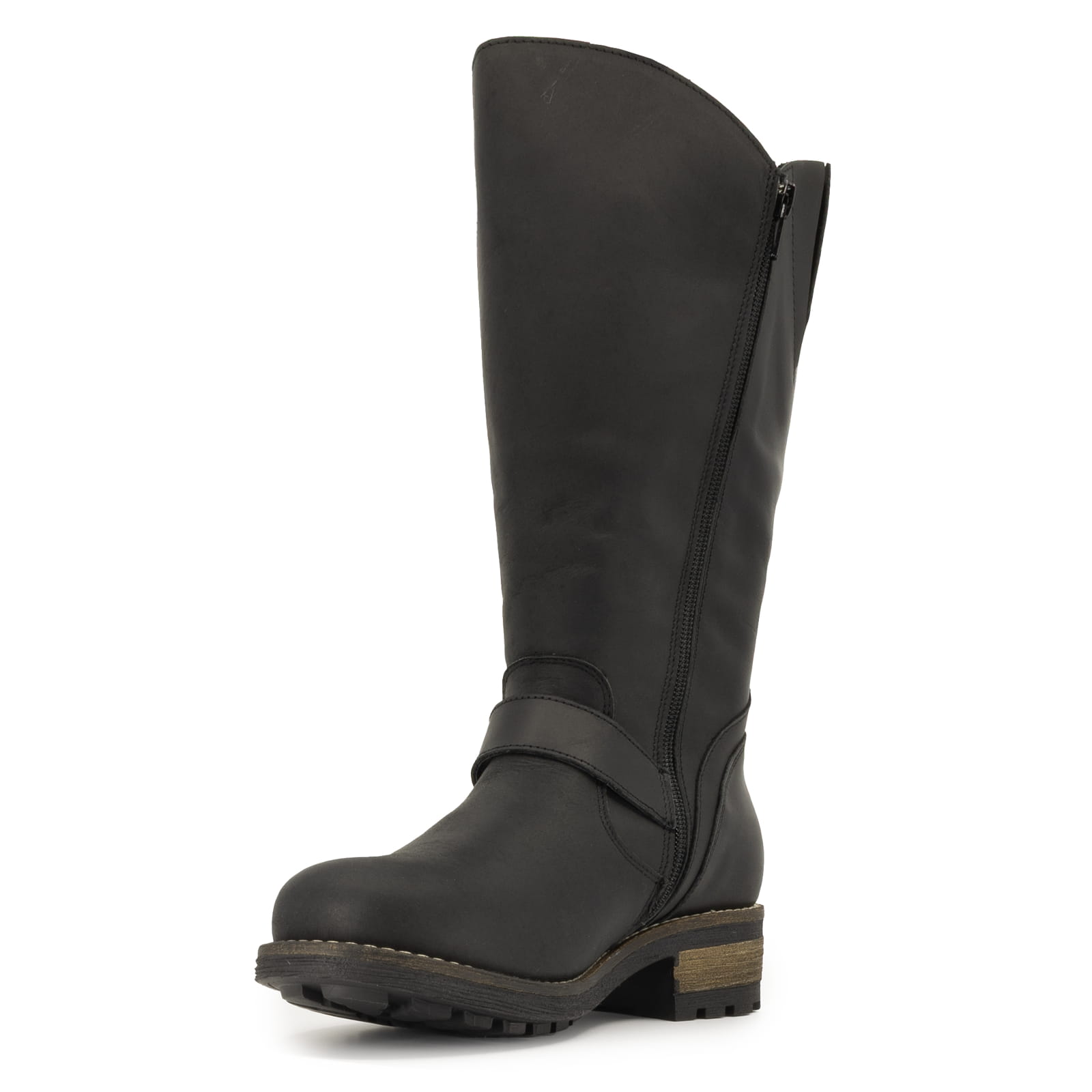 Inner side view of black Crest 2 wide calf tall boots showing zip fastening