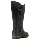 Heel view of crest 2 wide calf boots in black showing O&H branding and buckle details