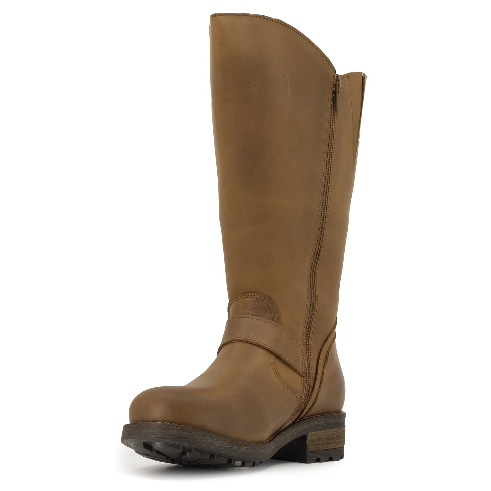 Inner side view of cognac Crest 2 wide calf boots showing zip fastening