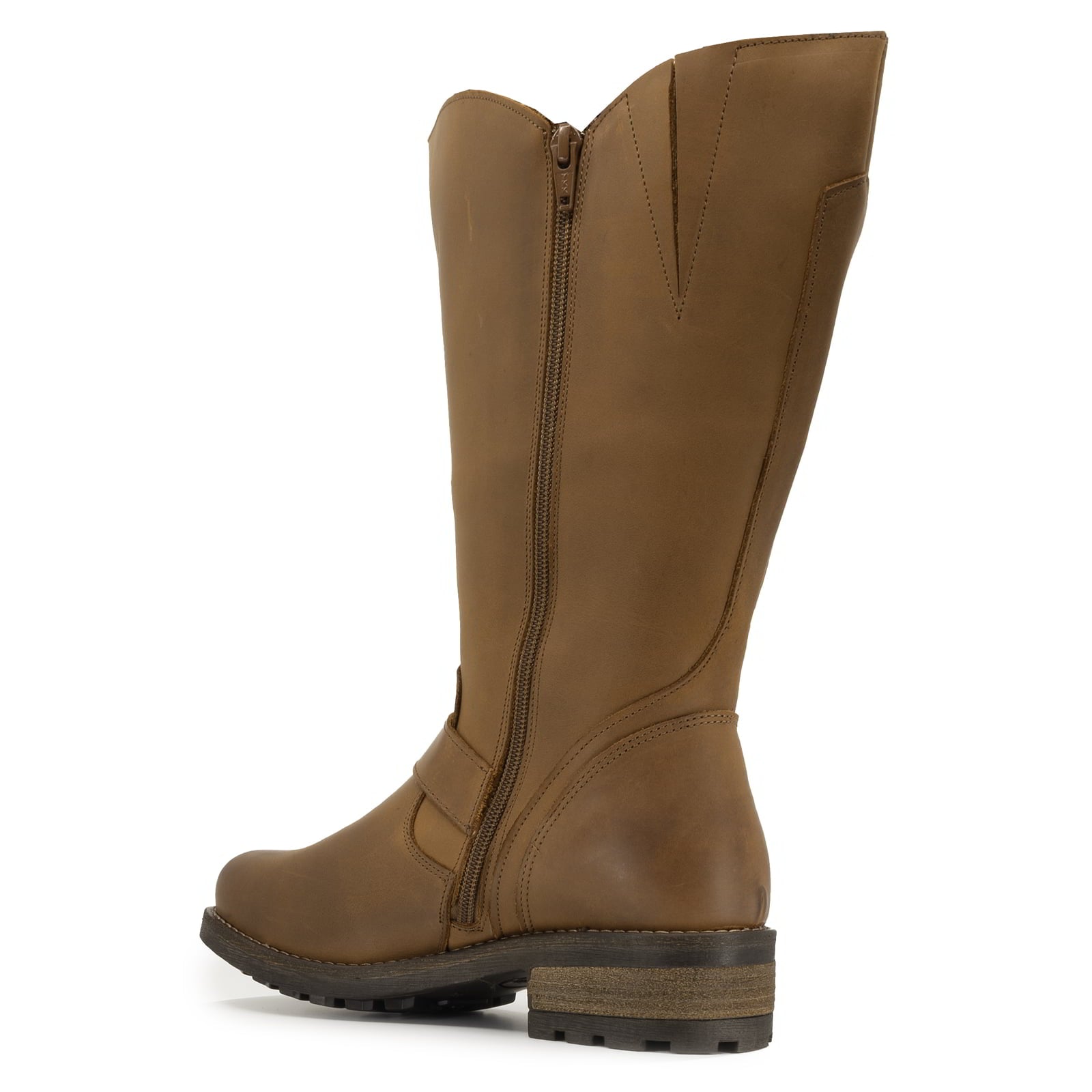 angled inside view of crest 2 wide calf boots in cognac showing full inside zip