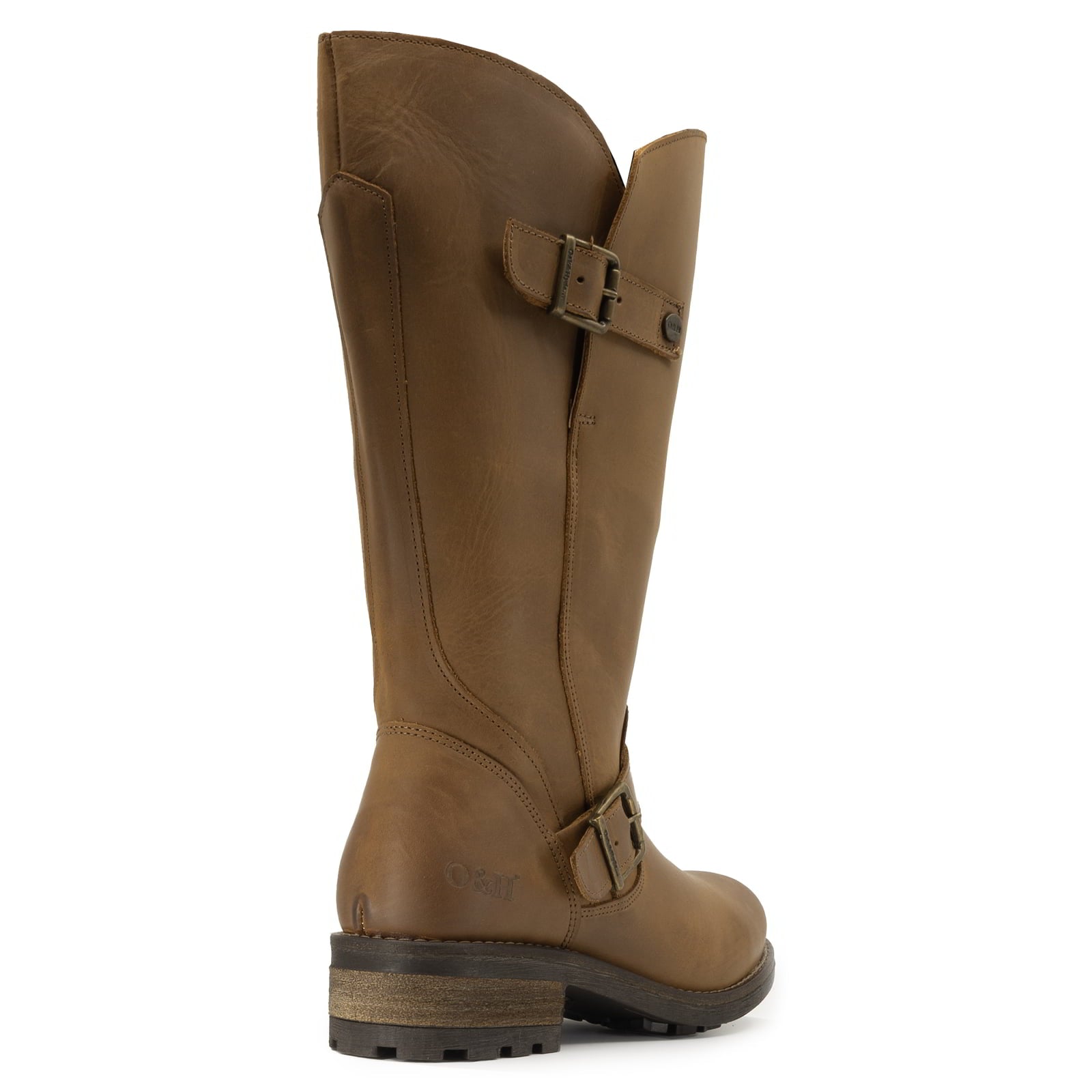 Rear angled view of cognac Crest 2 wide calf boots with stacked heel