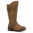 Front angled view of cognac Crest 2 wide calf boots showing ankle buckle