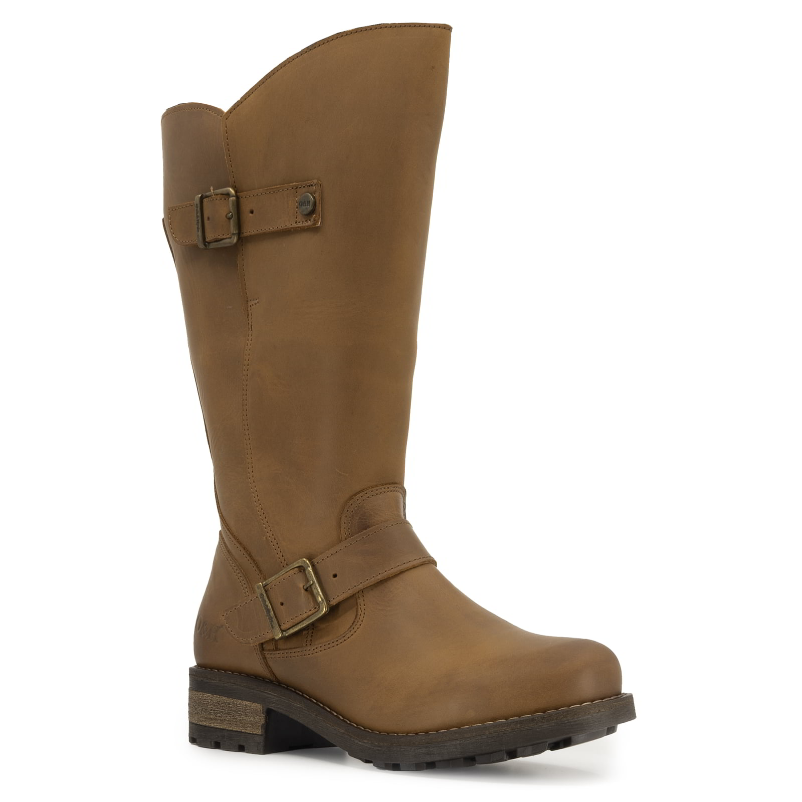 Front angled view of cognac Crest 2 wide calf boots showing ankle buckle