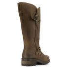Rear angled view of dark brown Crest 2 wide calf boots with stacked heel