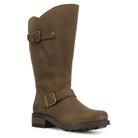 Front angled view of dark brown Crest 2 wide calf boots showing ankle buckle