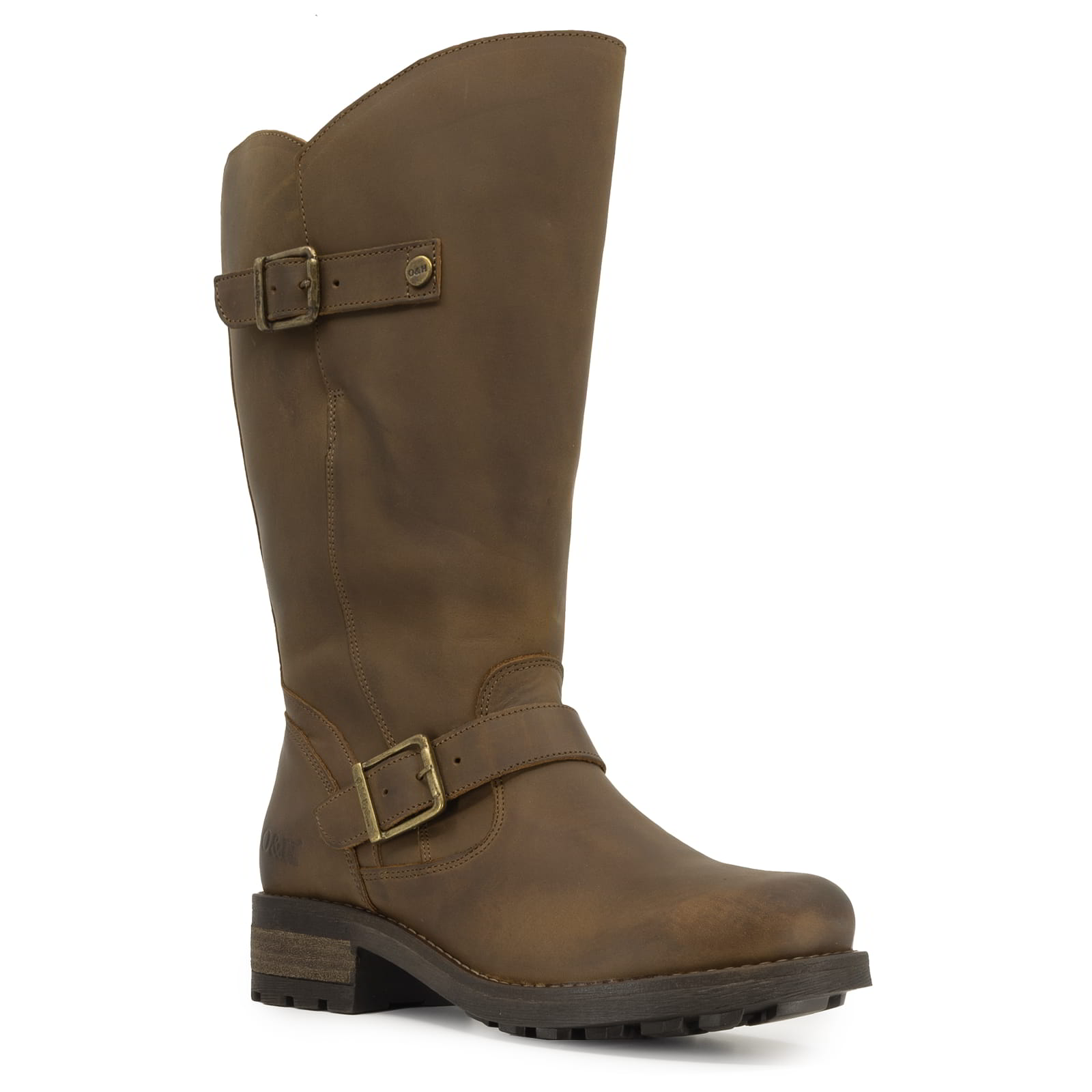 Front angled view of dark brown Crest 2 wide calf boots showing ankle buckle