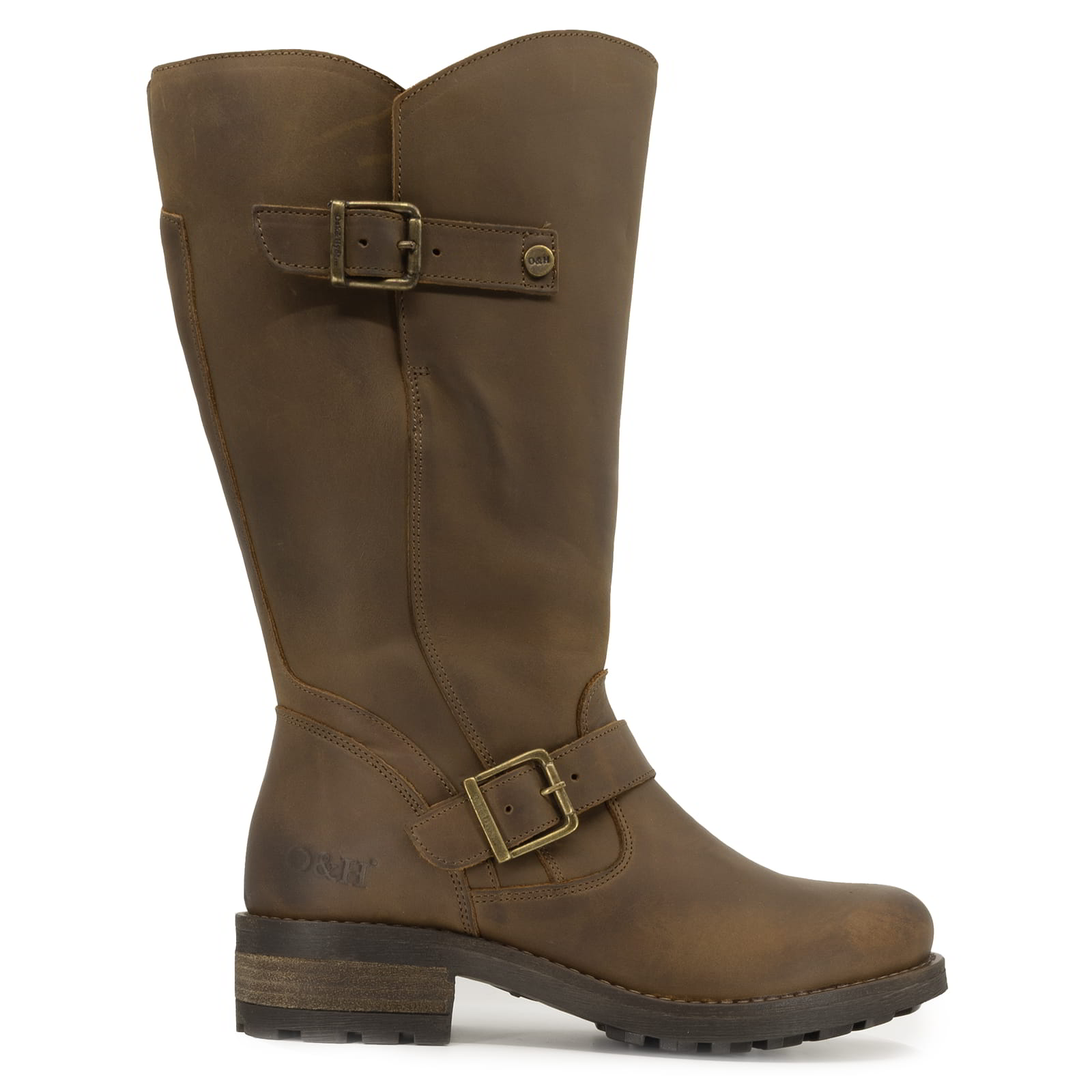 Side view of dark brown Crest 2 wide calf boots showing buckles and sole